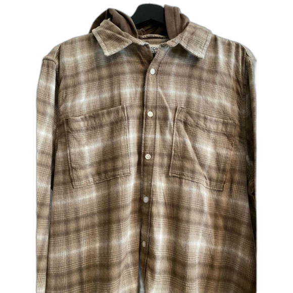 NWT Arizona Jean Co Men's Tan Plaid Button Up Hoodie Flannel Shirt Size L UB-28 - Picture 1 of 9
